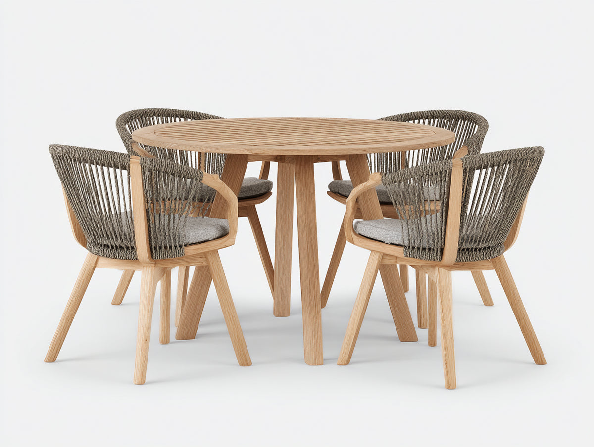 Salon de jardin repas - Bois-Cordage-Tissu - 120 x 120 x 75 cm - Bois naturel-Gris - Contemporain