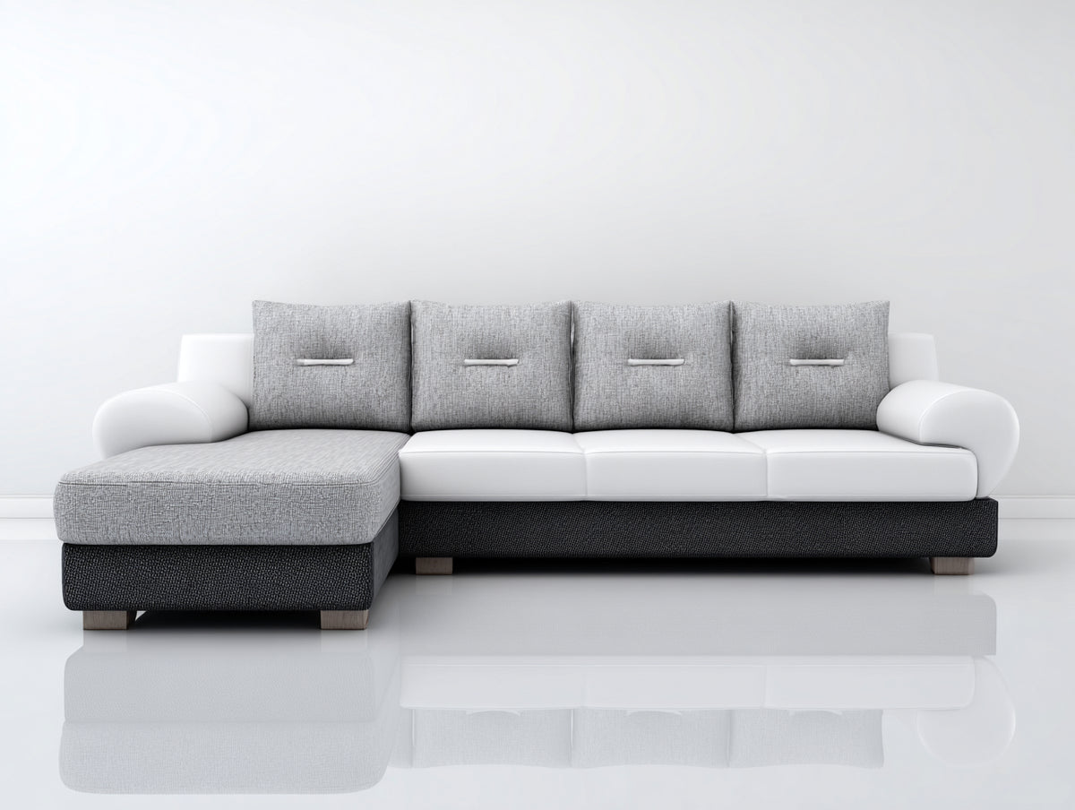 Canapé d'angle - Tissu-Cuir - 299x166x85 cm - Blanc-Gris clair-Anthracite - Contemporain