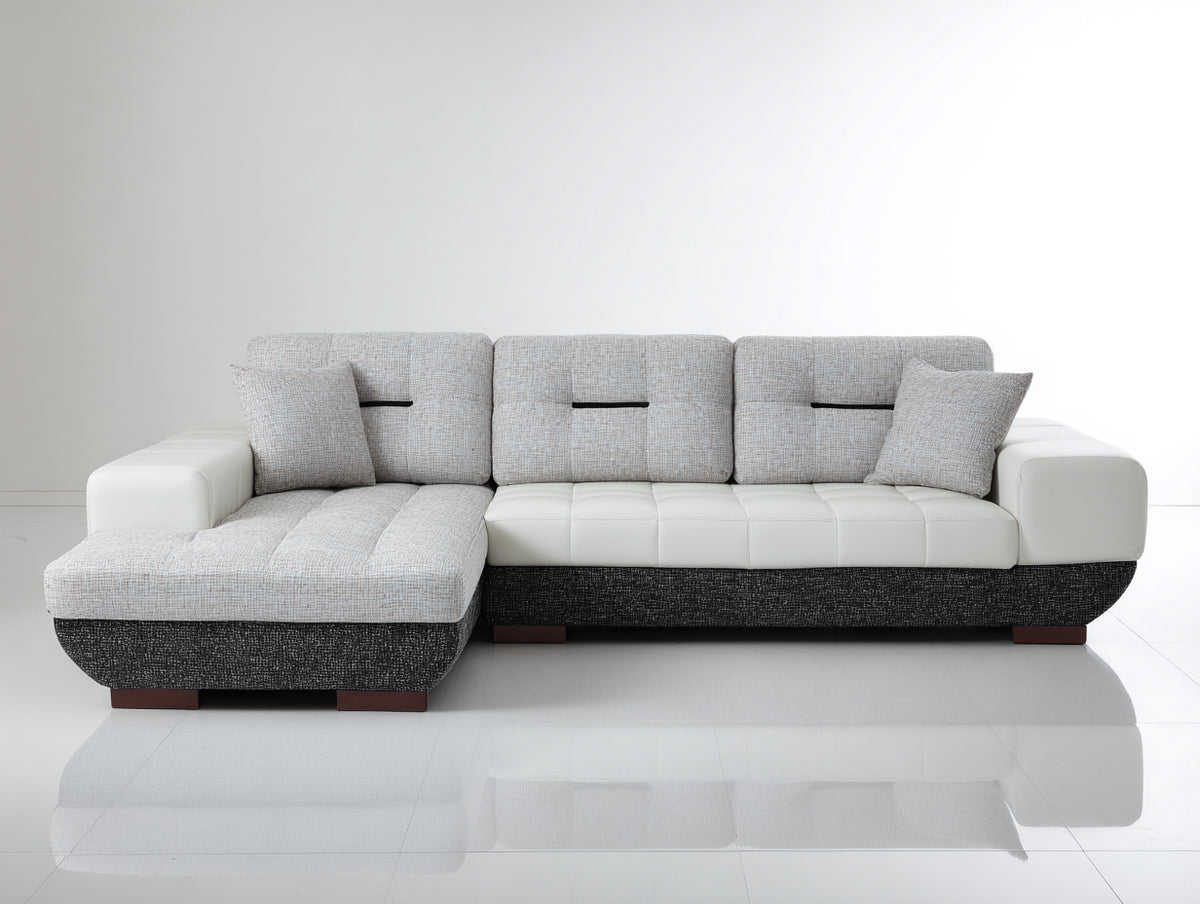 Canapé d'angle - Tissu-Cuir - 306x172x87 cm - Blanc-Gris clair-Anthracite - Moderne